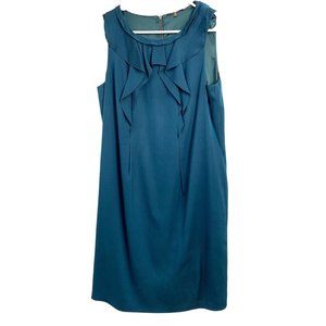 Elie Tahari Sz 8 M Silk Elastane Sleeveless Teal Sheath Dress Ruffle $295 6546